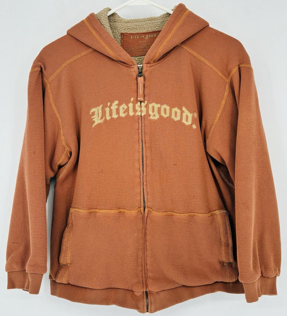 Youth L Life Is Good Full Zip Waffle Fleece lined LS distressed Hoodie